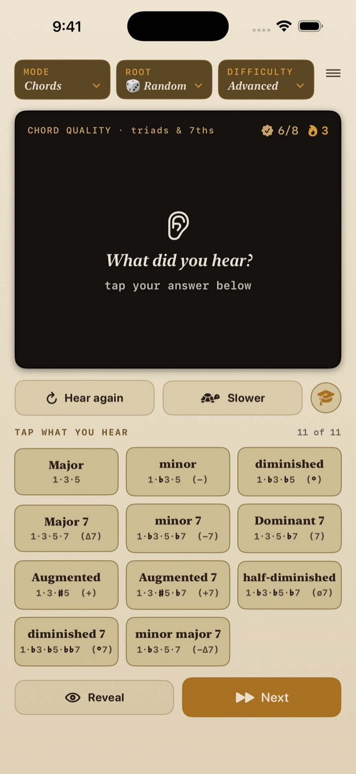 BassEducation Ear Trainer chords screen