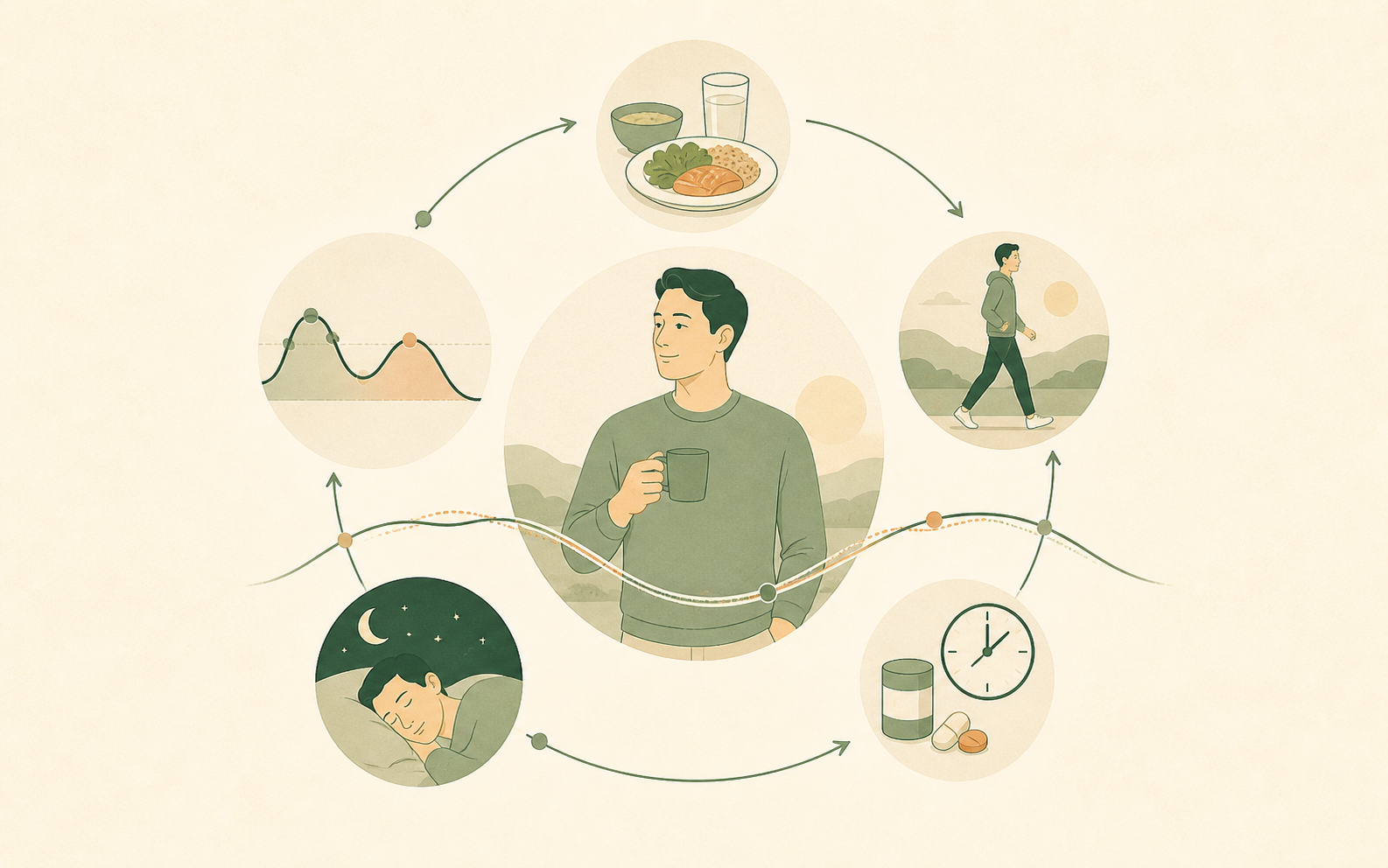 飲食、活動、用藥、睡眠與血糖節律彼此連動的糖尿病照護示意圖