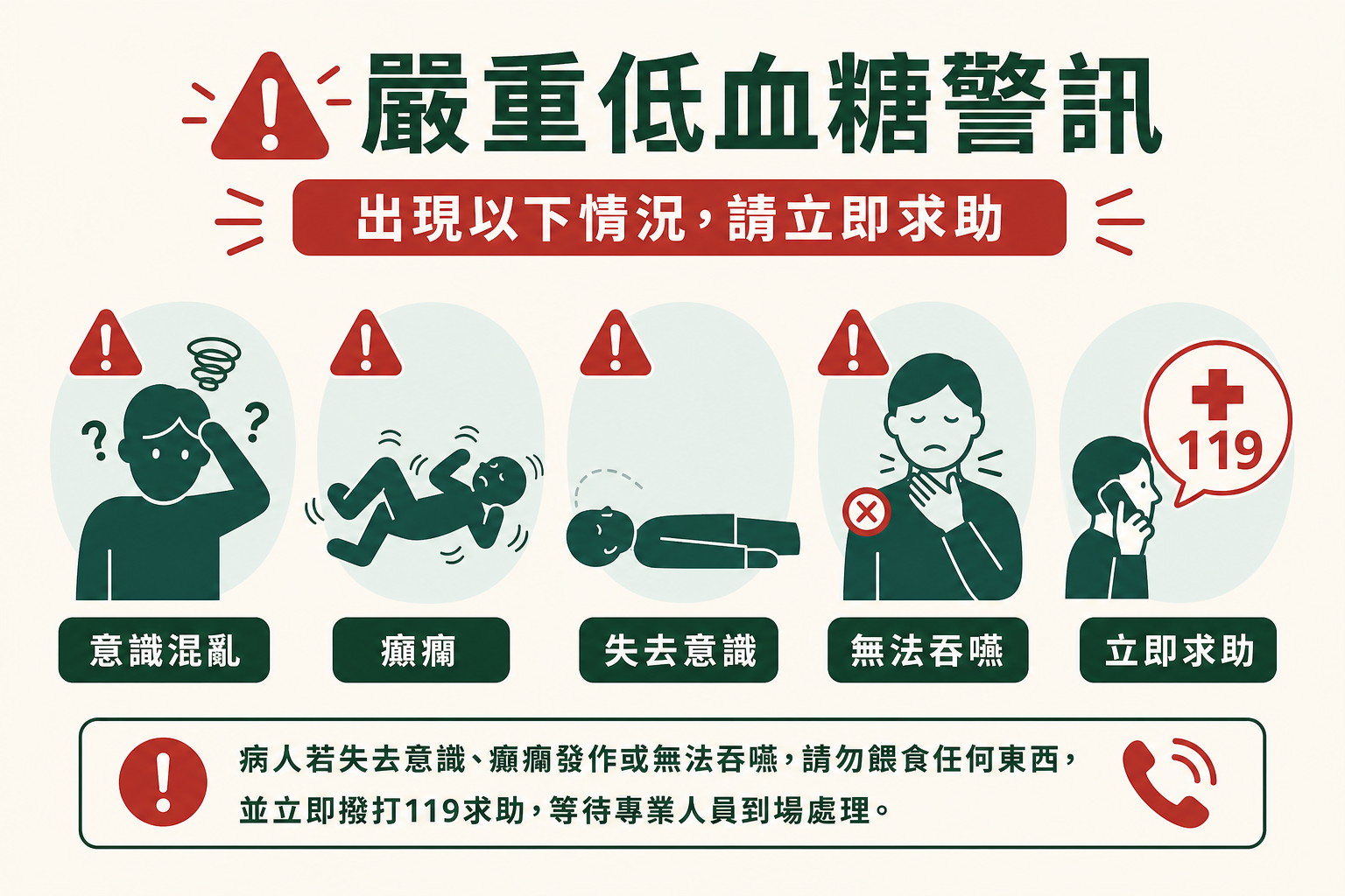 嚴重低血糖紅旗症狀示意圖