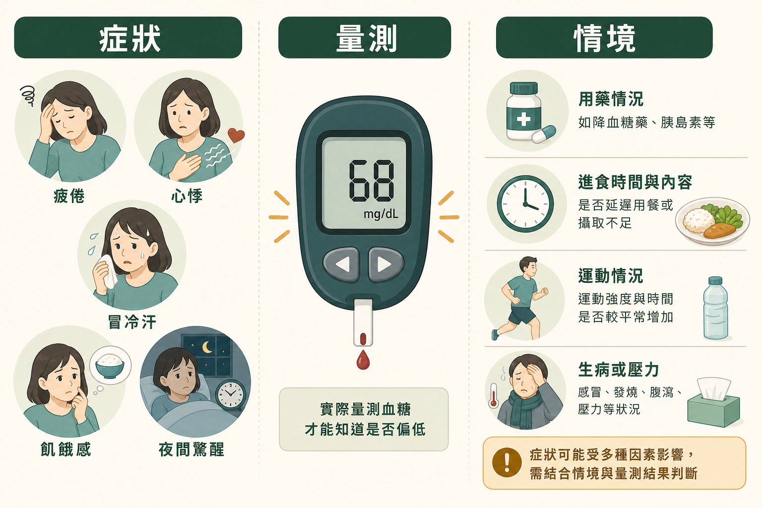 血糖症狀、量測與發生情境需要一起判讀的示意圖