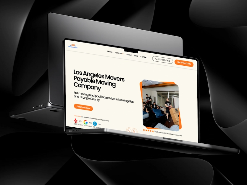 Premium laptop mockup showcasing the Payable Moving website homepage for a Los Angeles moving company