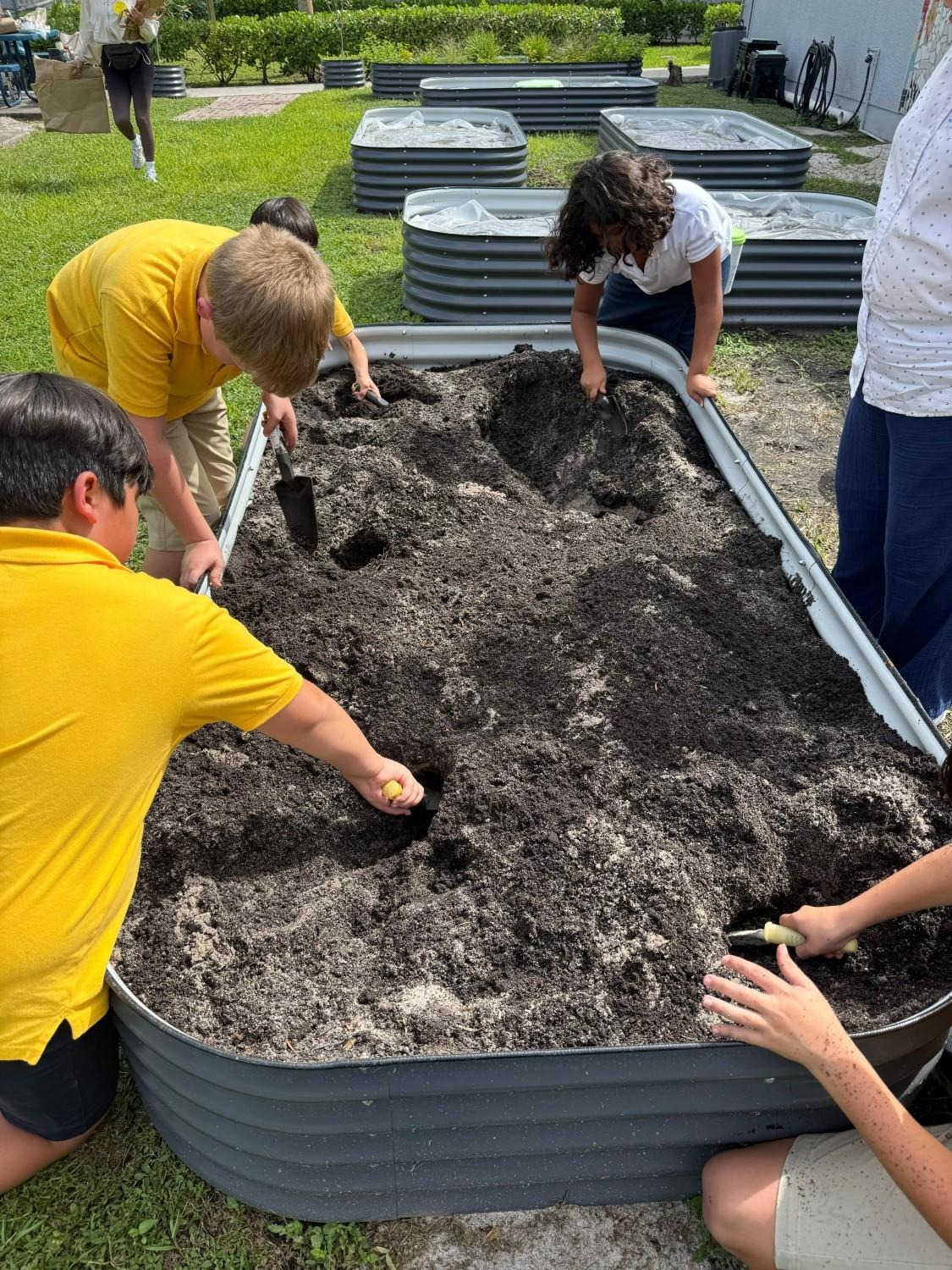 daughter’s school Garden Club, the students prepare the soil for tomatoes, peppers, and peppermint