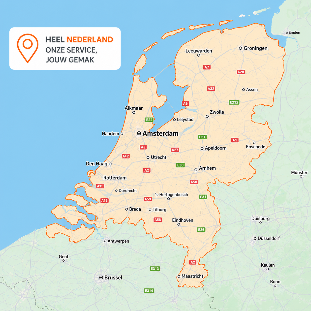 Map highlighting the borders of the Netherlands with major cities labeled including Amsterdam, Rotterdam, Utrecht, and Maastricht.