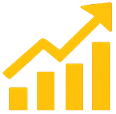 Yellow bar chart with three ascending bars and an upward arrow indicating growth.