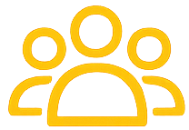 Three yellow outlined human figures representing a group or community on a white background.