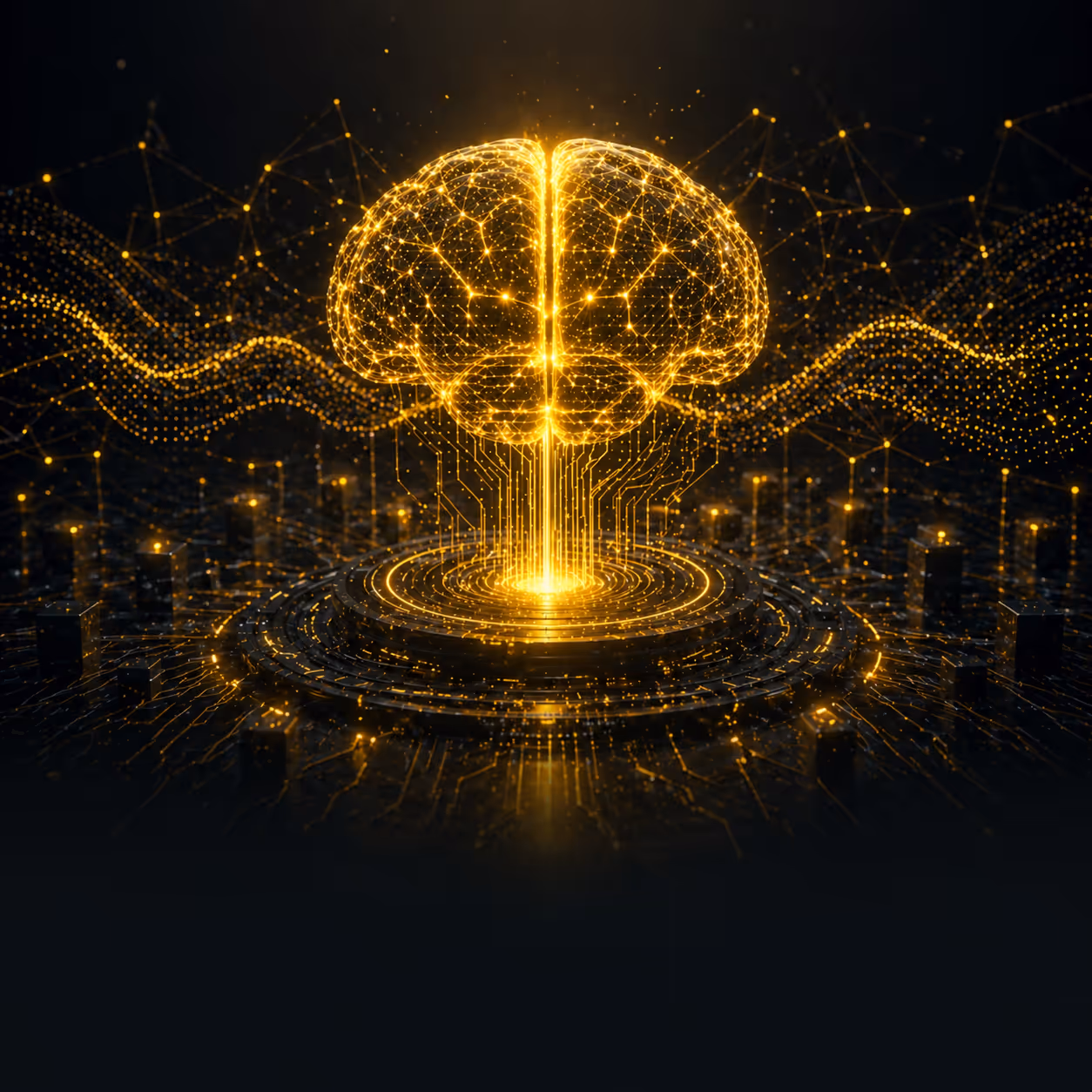 Glowing golden digital brain with interconnected nodes above a circuit board in dark background.