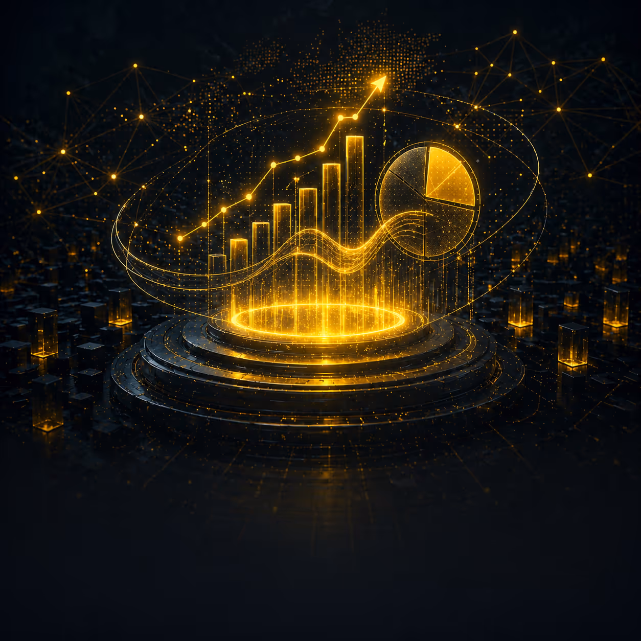 Glowing golden 3D digital charts including bar graph, pie chart, and line graph on dark background.