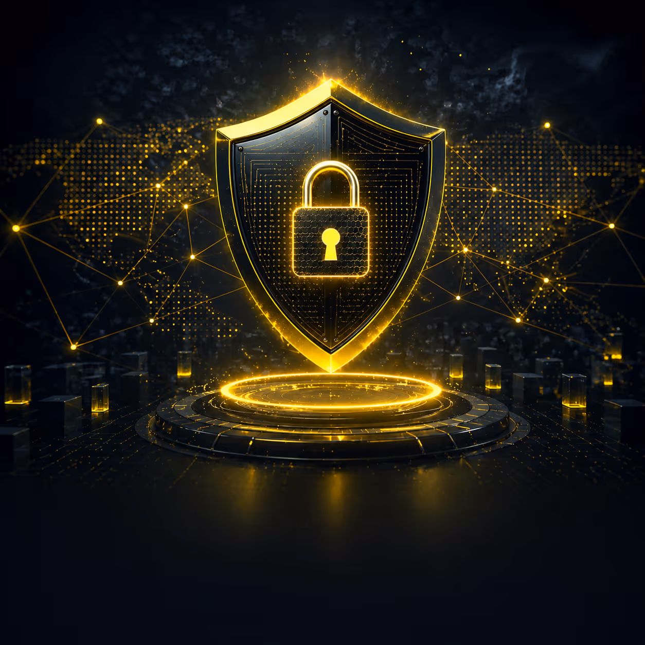 Glowing golden shield with a padlock over a digital platform symbolizing cybersecurity protection.