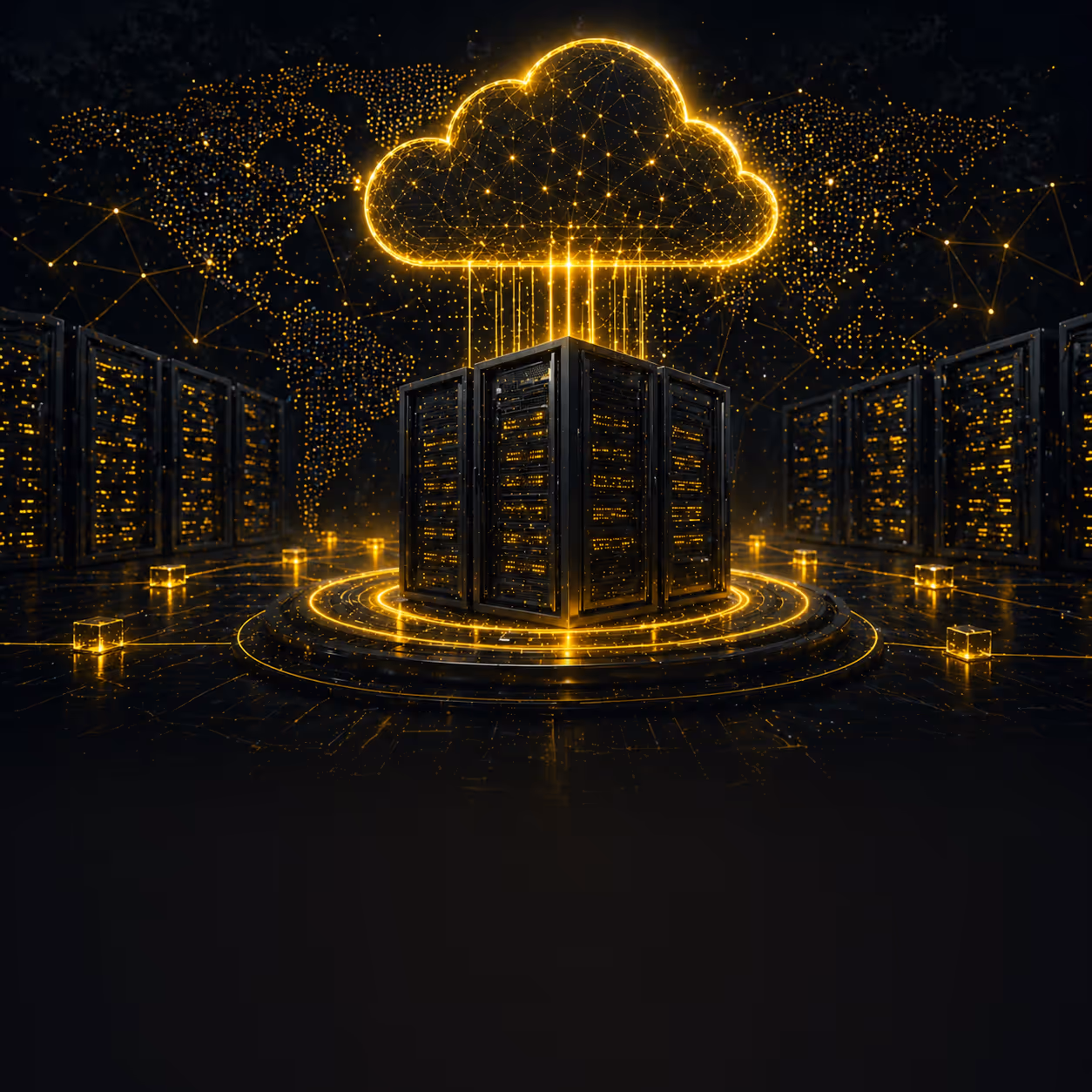 Glowing digital cloud icon linked to multiple server racks with a dotted world map in the background.
