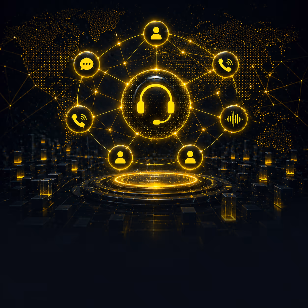 Glowing headset icon connected to communication icons over a digital city with a world map background.