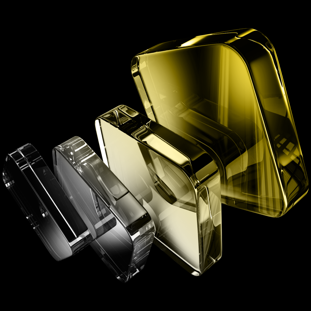 Four glossy stacked glass blocks, black to yellow gradient on black background.