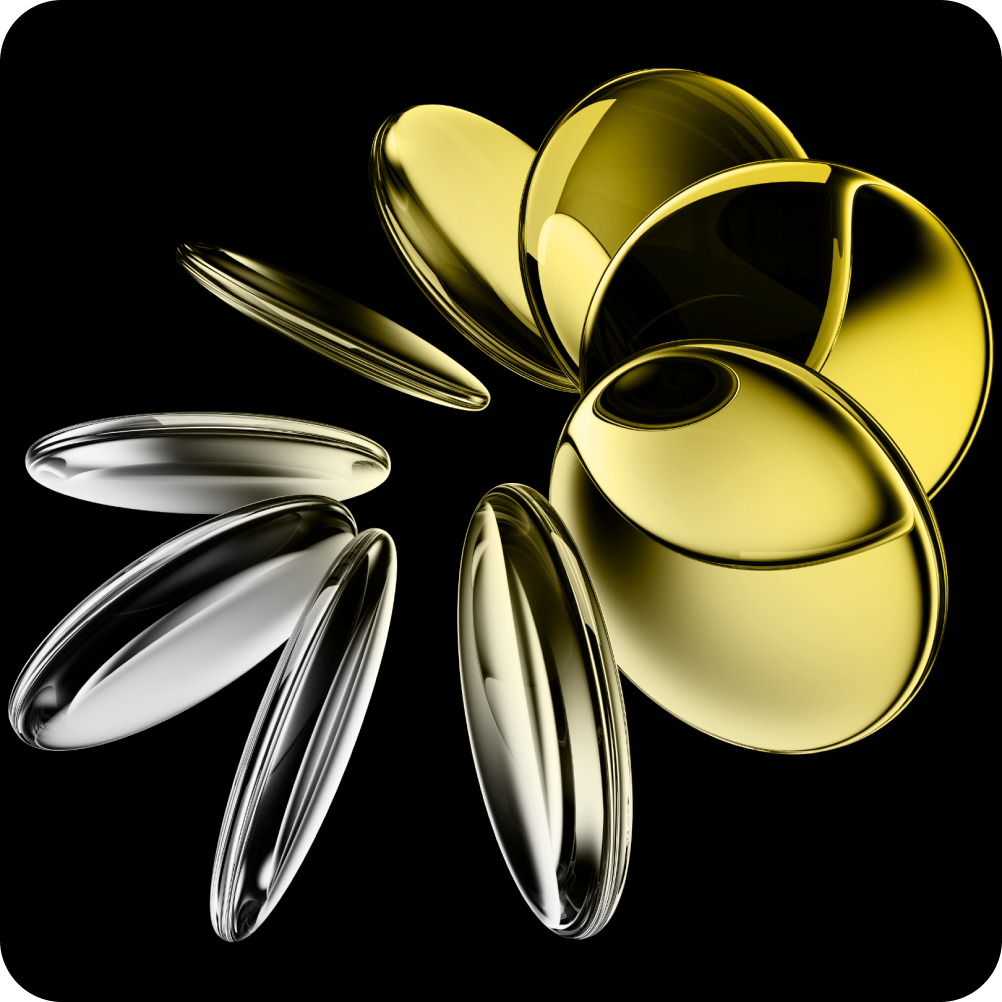 Abstract arrangement of reflective golden and silver oval shapes on a black background.