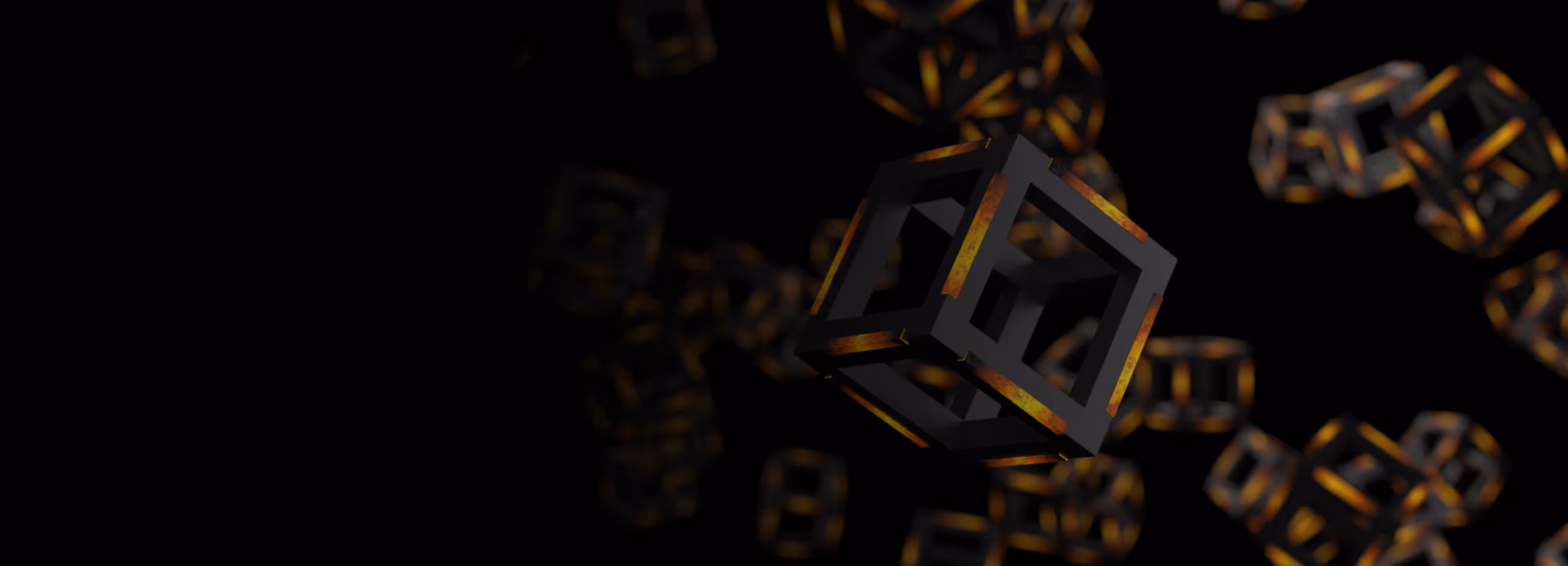 Black hollow cubes with glowing orange edges floating against a black background.