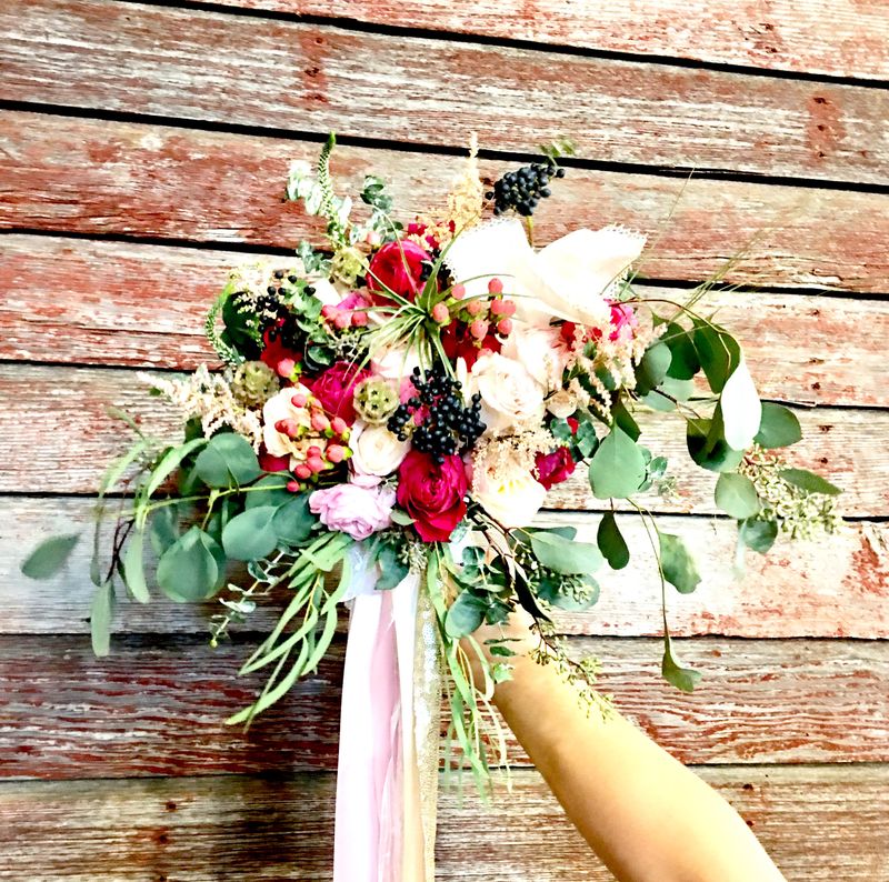 Bridal bouquet on barnwood, arranged by Simply Blooming