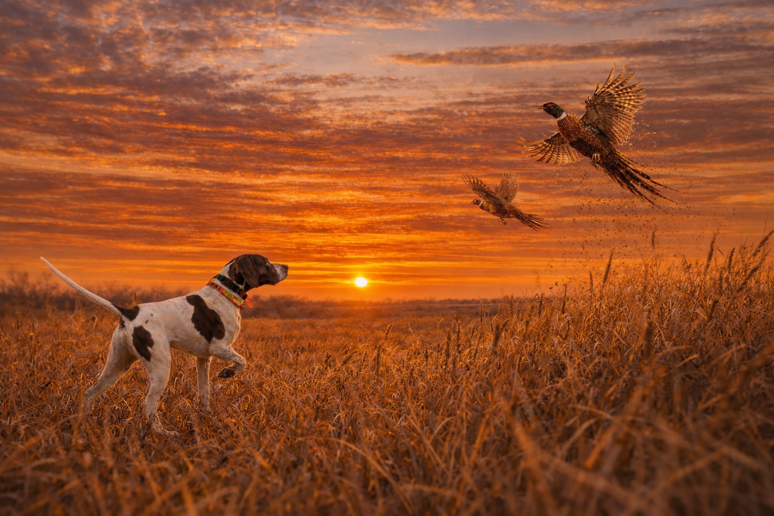 Pointer and flushing pheasants at sunset