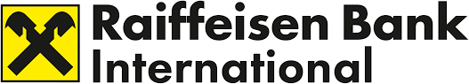 Raiffeisen Bank International logo with crossed black hammers on a yellow square background.