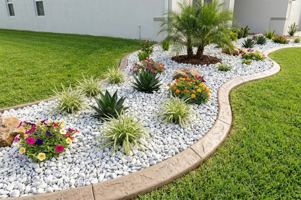 Clean river rock installed beautifully inside a custom landscape bed