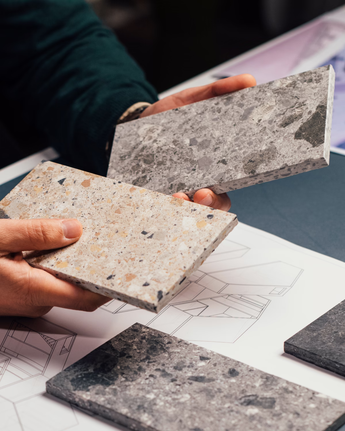 Finished terrazzo samples arranged for design review