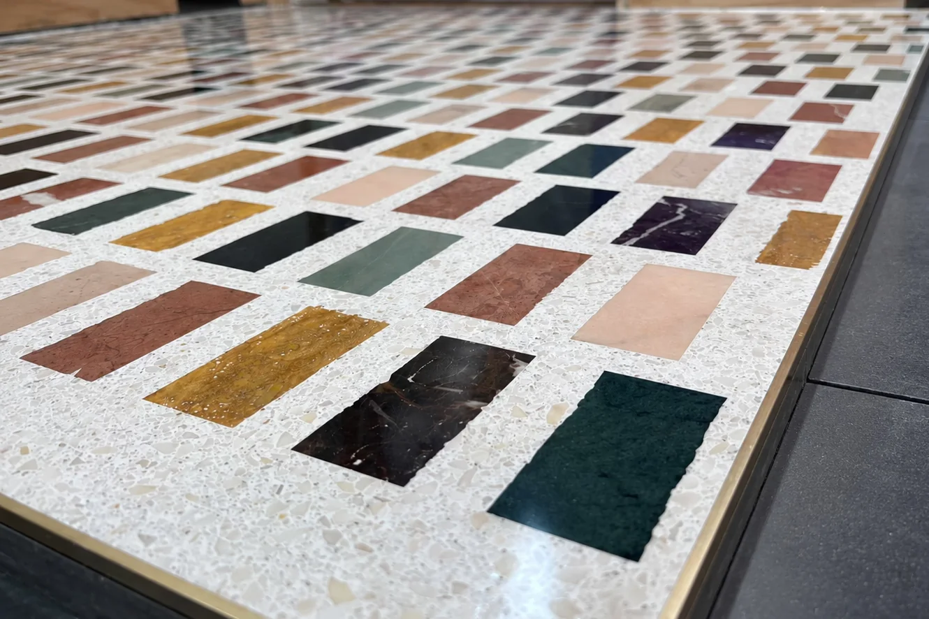 Epoxy terrazzo material sample with aggregate detail
