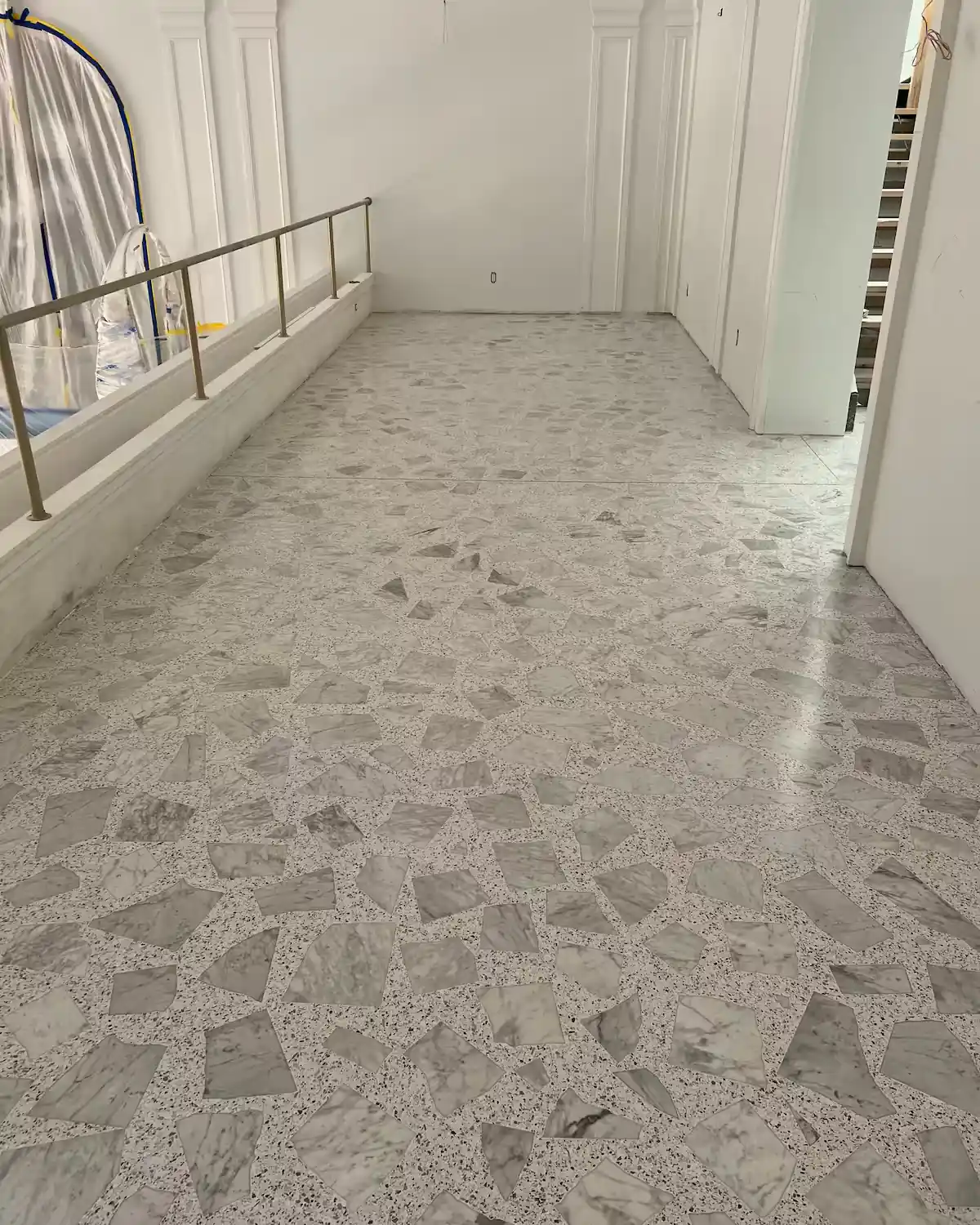 custom palladiana terrazzo with calcutta marble and white epoxy terrazzo for Banque Hudson NY