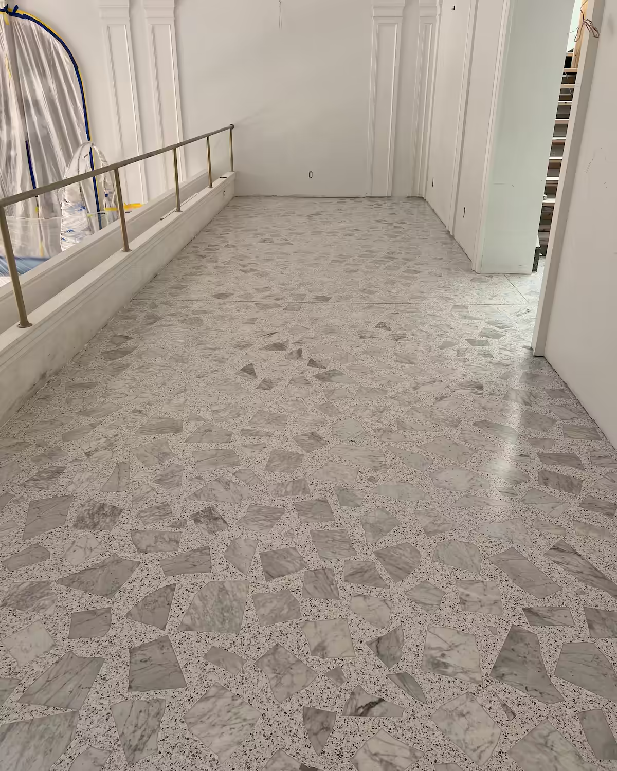 custom palladiana terrazzo with calcutta marble and white epoxy terrazzo for Banque Hudson NY