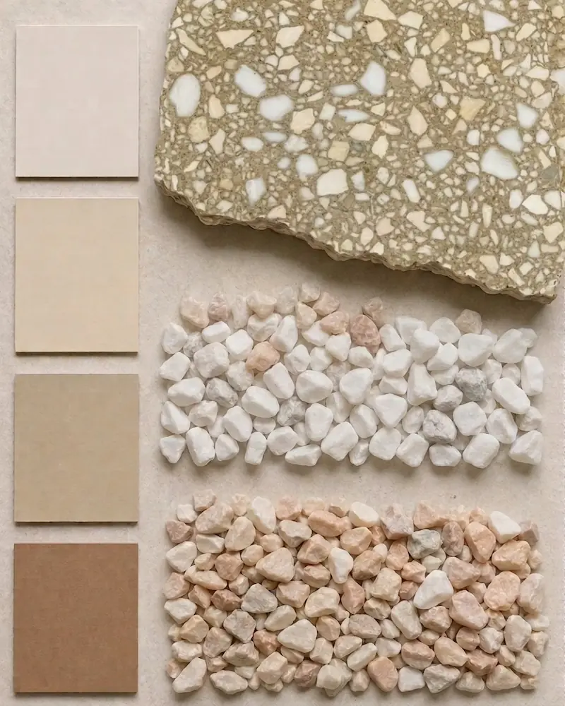 Terrazzo aggregate samples arranged for design review