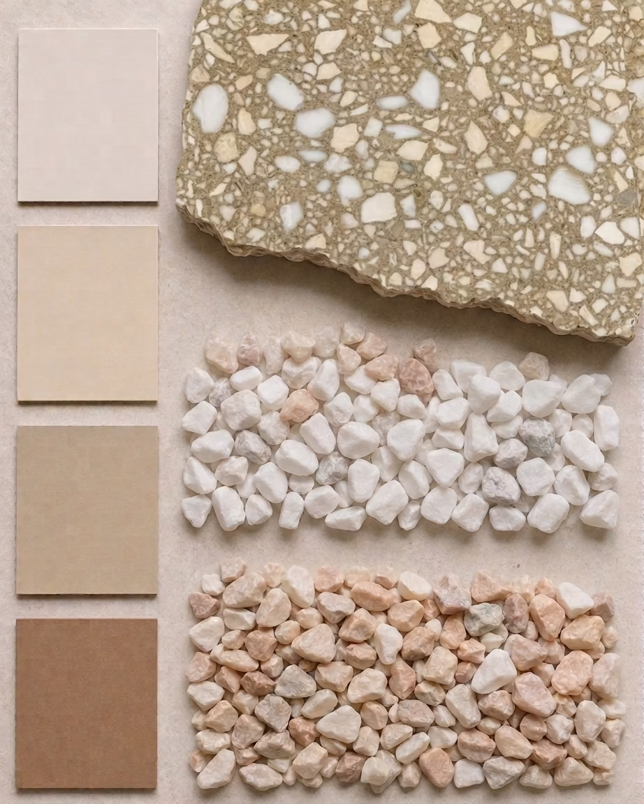 Overlapping terrazzo samples showing the original floor and a closely matched replacement mix