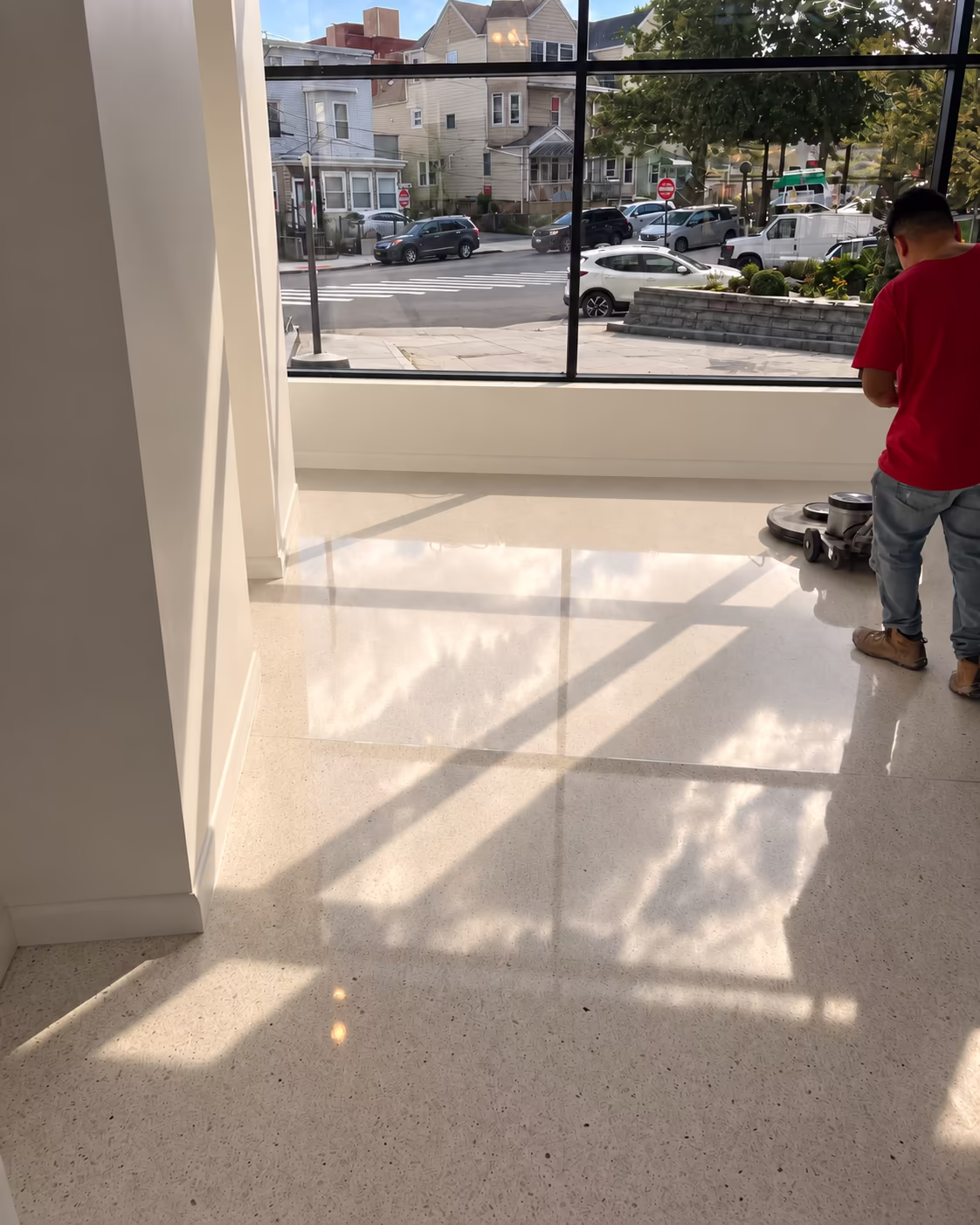 Architectural terrazzo floor installed by Doreon at Shore Towers in Astoria, New York.
