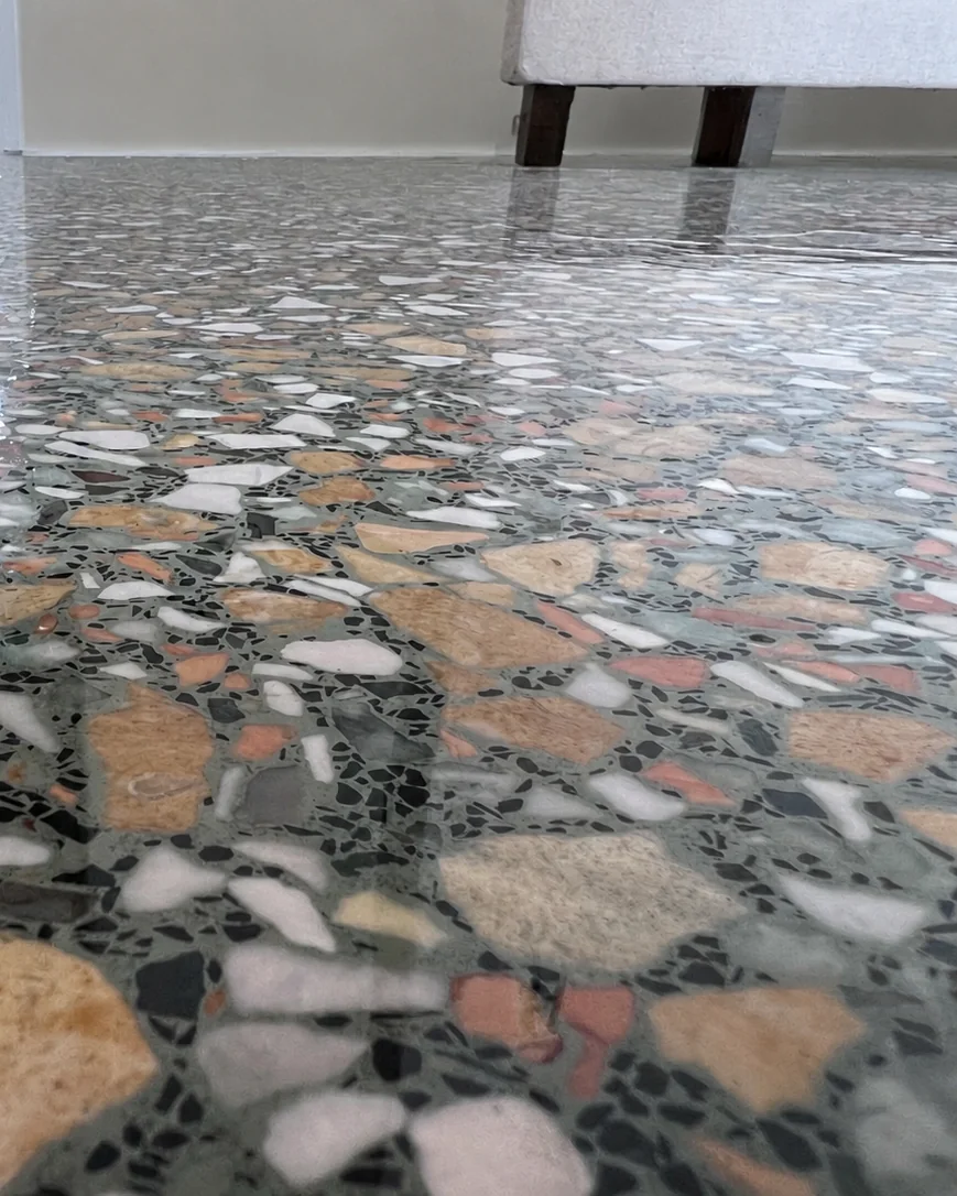 Venetian terrazzo floor with large marble aggregate and green stone fragments from 361 Waverley Ave Brooklyn