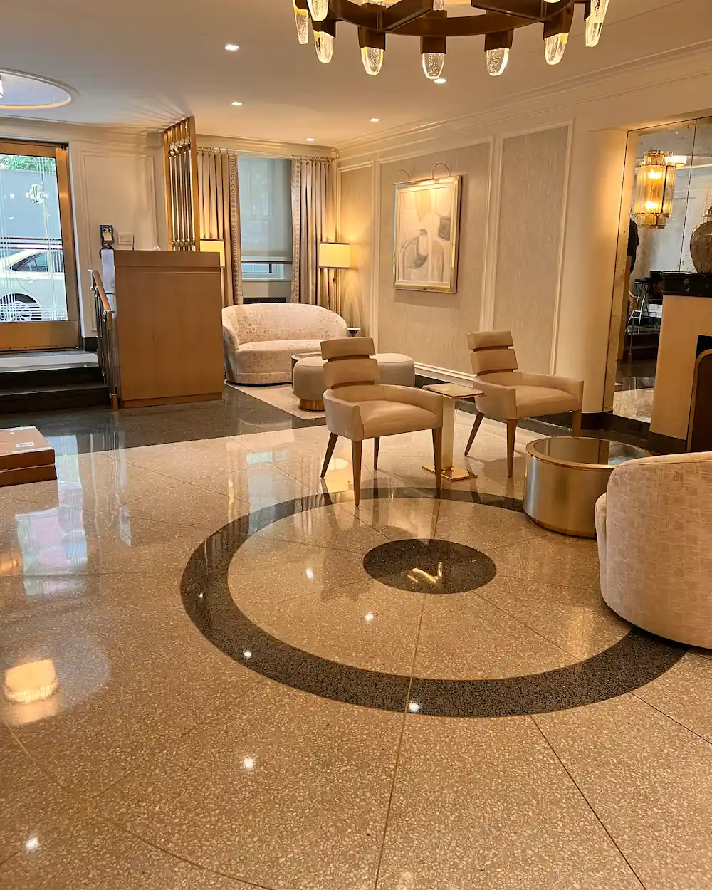 Elegant lobby with finished terrazzo floor, two tone