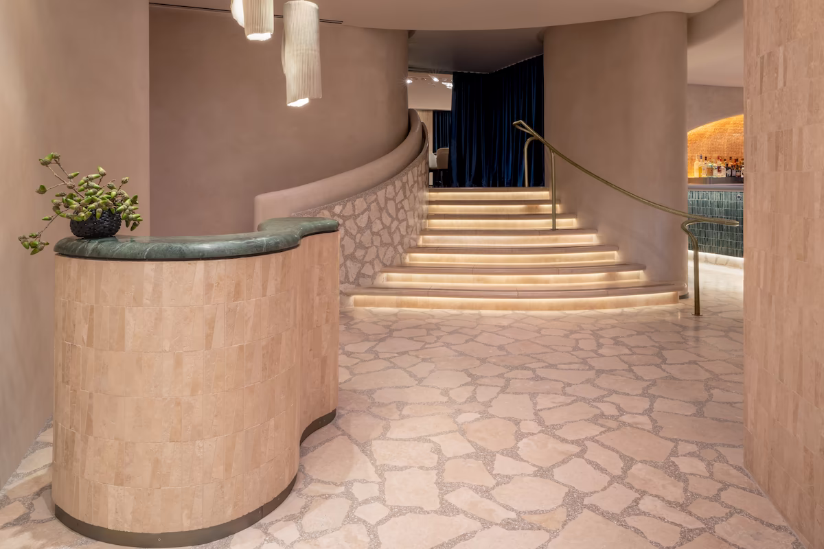 Point Seven restaurant interior with palladiana terrazzo flooring in New York