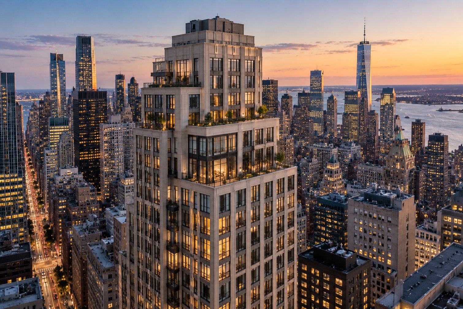 Manhattan residential tower at dusk
