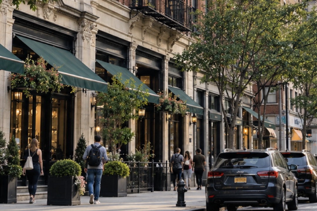 Tree-lined Manhattan street with storefront awnings