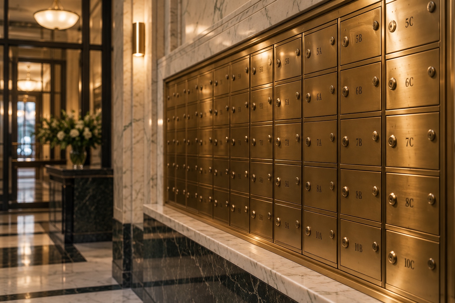 Brass apartment mailboxes in a pre-war New York City lobby