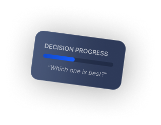 Dark blue rounded rectangle labeled 'DECISION PROGRESS' with a blue progress bar and the quote 'Which one is best?' below it.