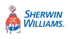 Sherwin-Williams logo with paint can pouring red paint over a globe reading Cover The Earth.