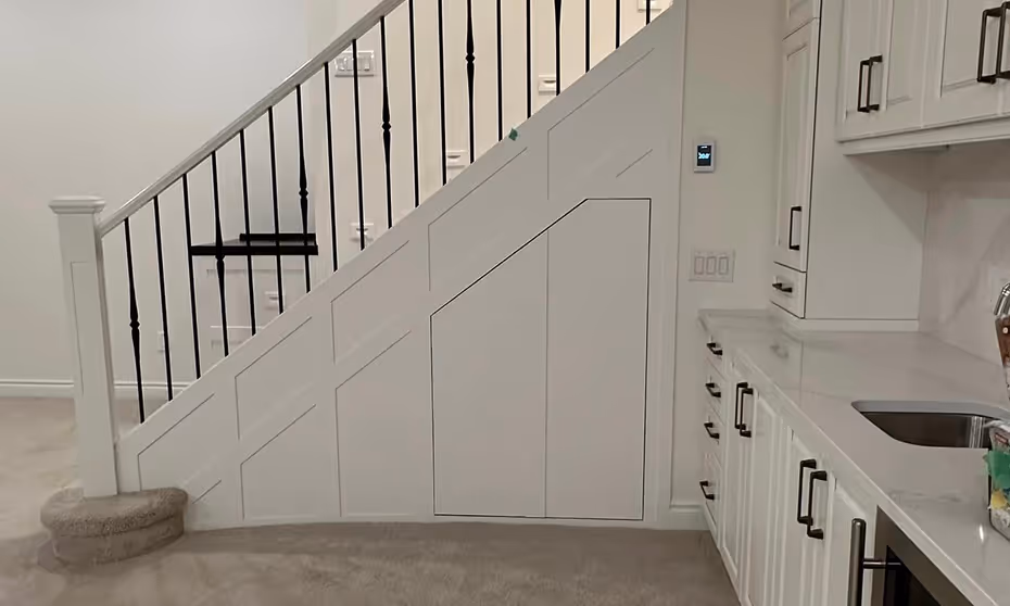 White cabinetry with black handles under staircase next to a kitchen sink and countertop.