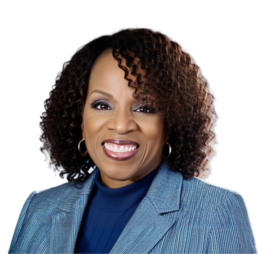 Smiling woman with curly hair wearing blue blazer and navy top against a transparent background.