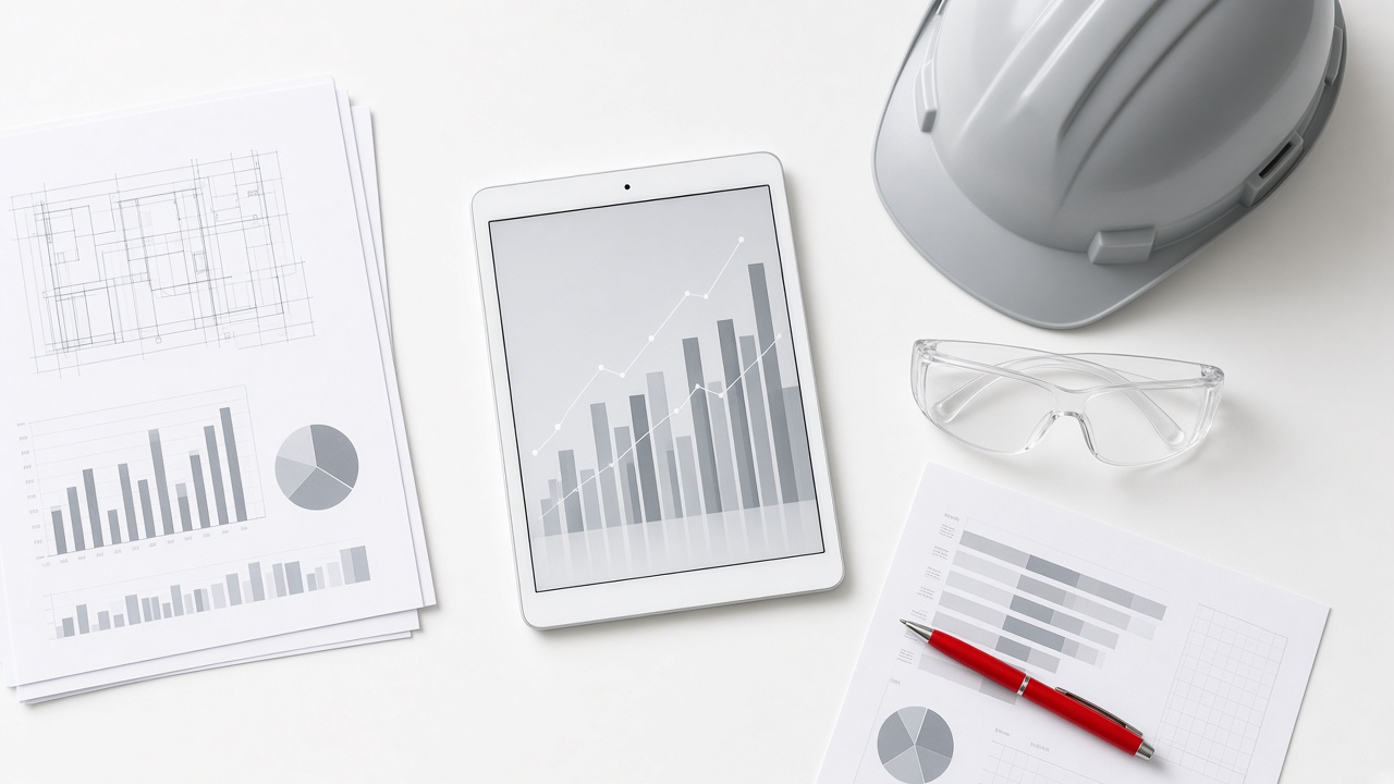 Printed report pages, a tablet with charts, and a hard hat on a white desk