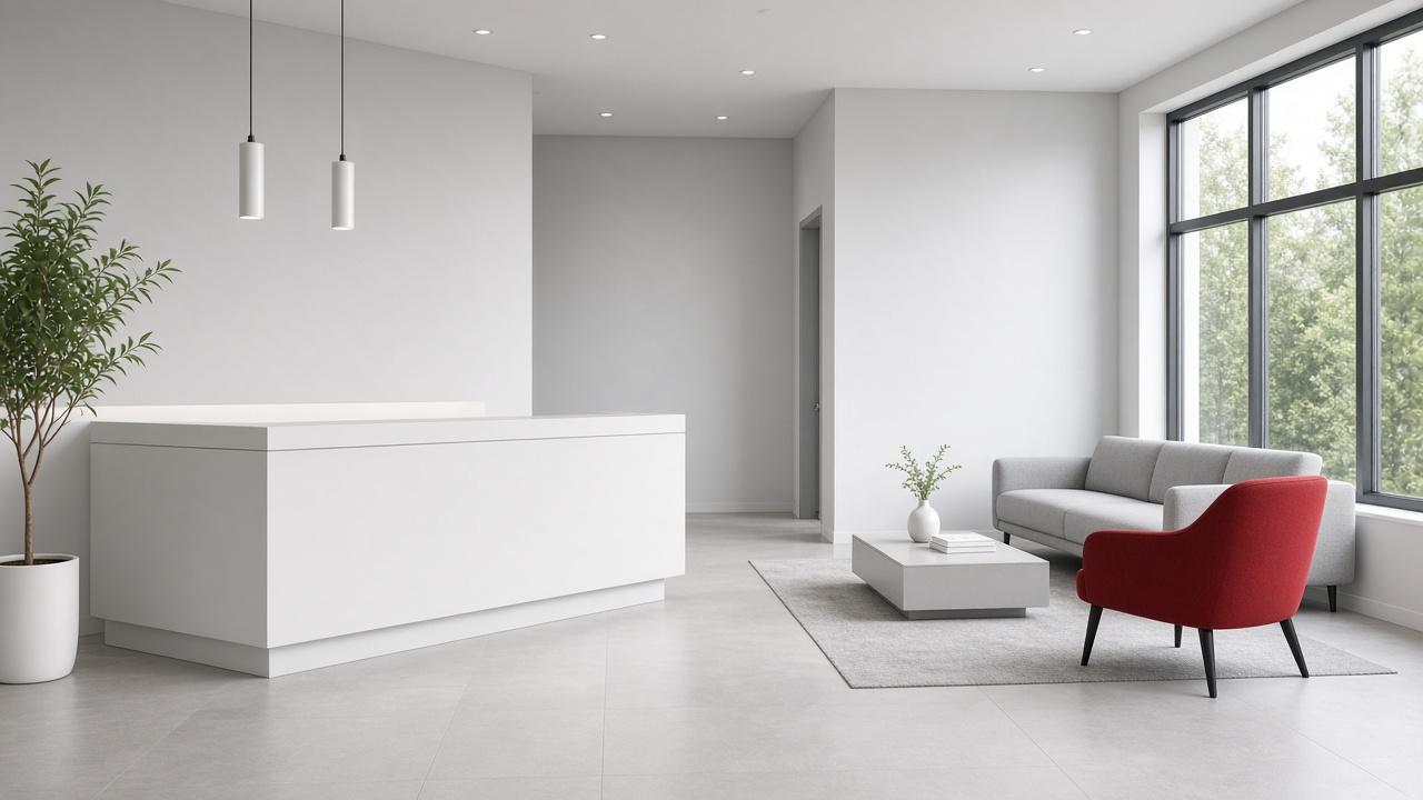 Bright office reception area with a red accent chair