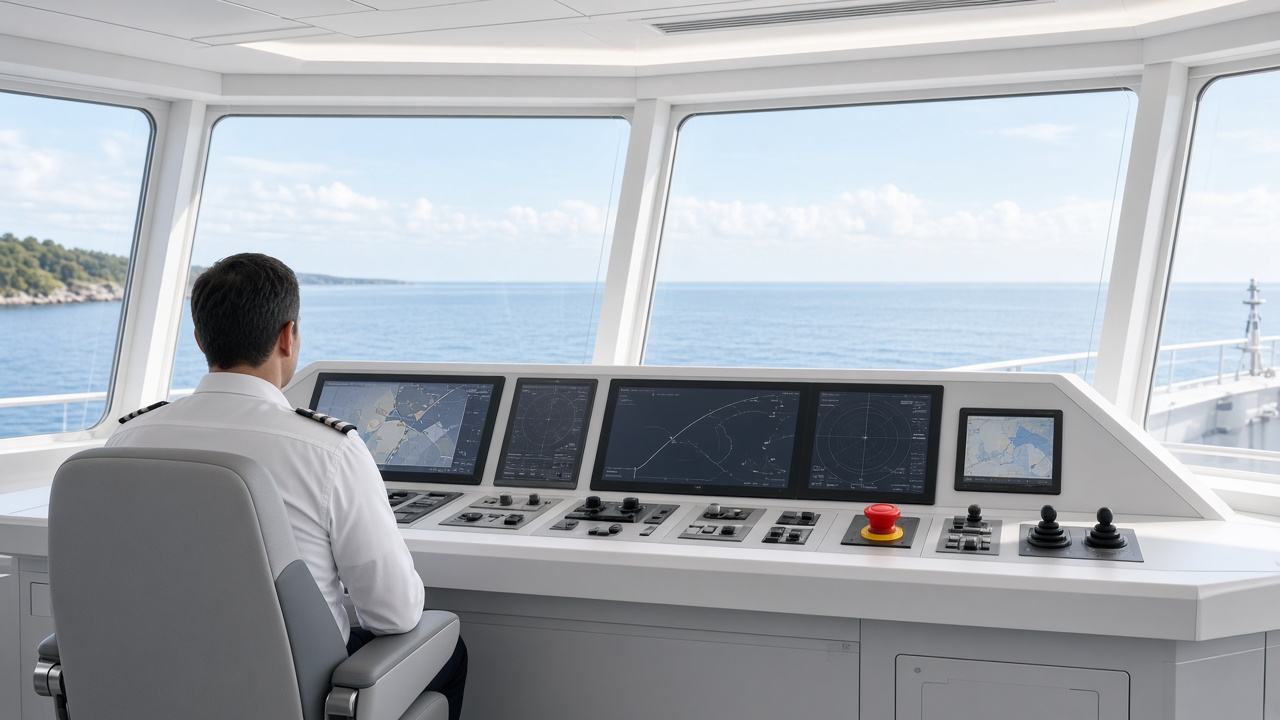 Officer at the bridge console of a ship, sea beyond the windows