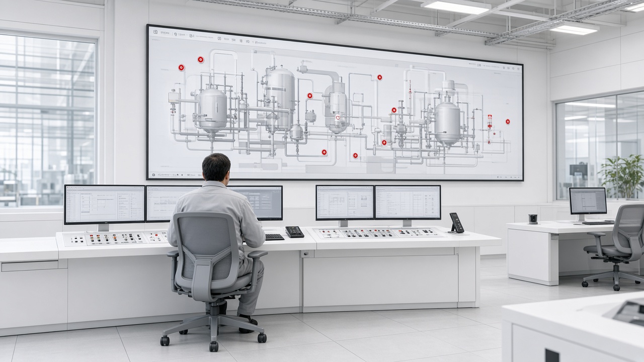 Operator at a control-room console in front of a process overview wall