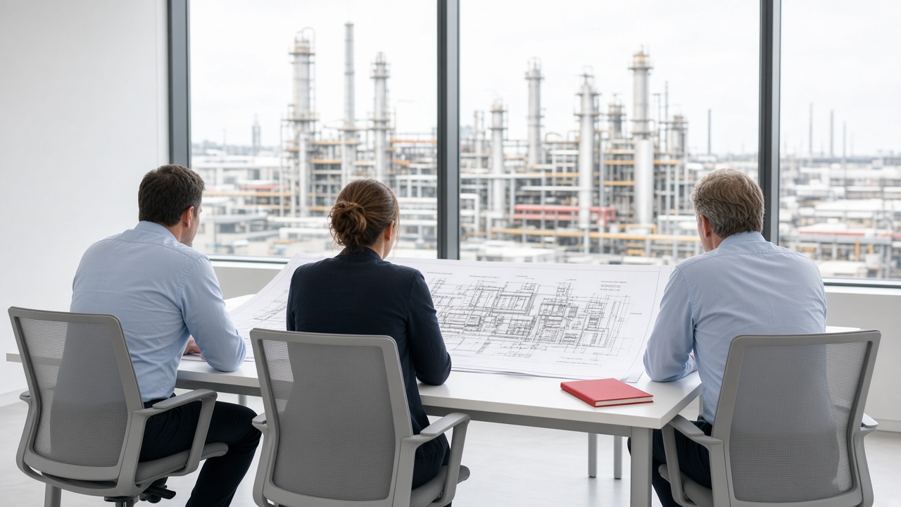 Team reviewing drawings in a meeting room that overlooks a process plant