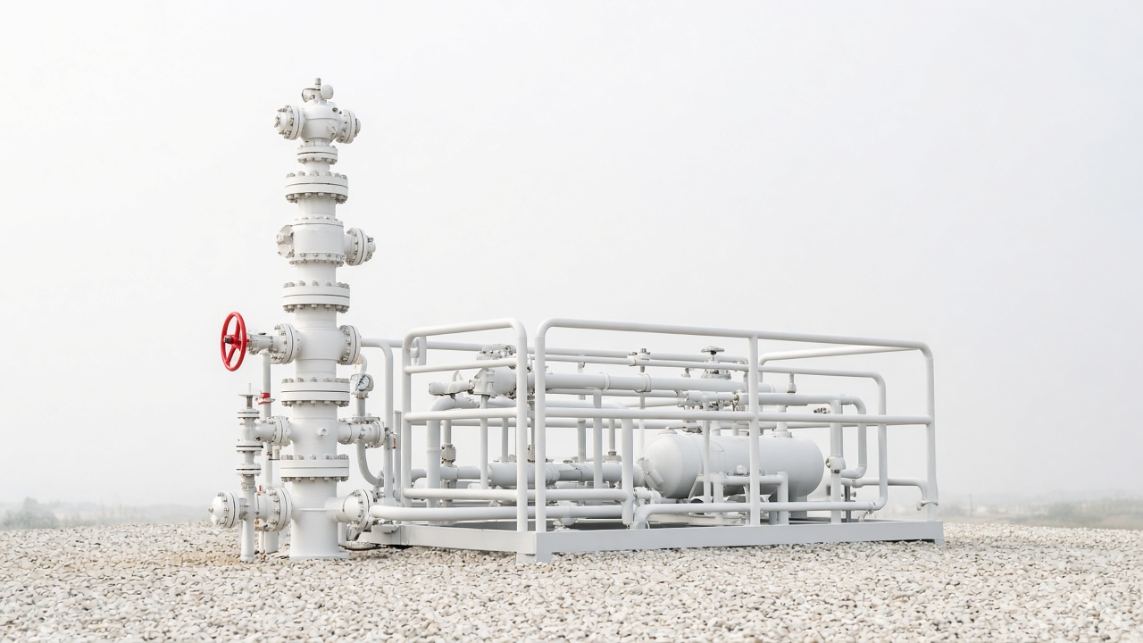 Wellhead and production piping on a gravel pad