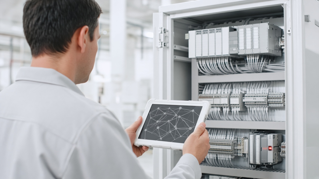 Engineer with a clipboard at an open control cabinet