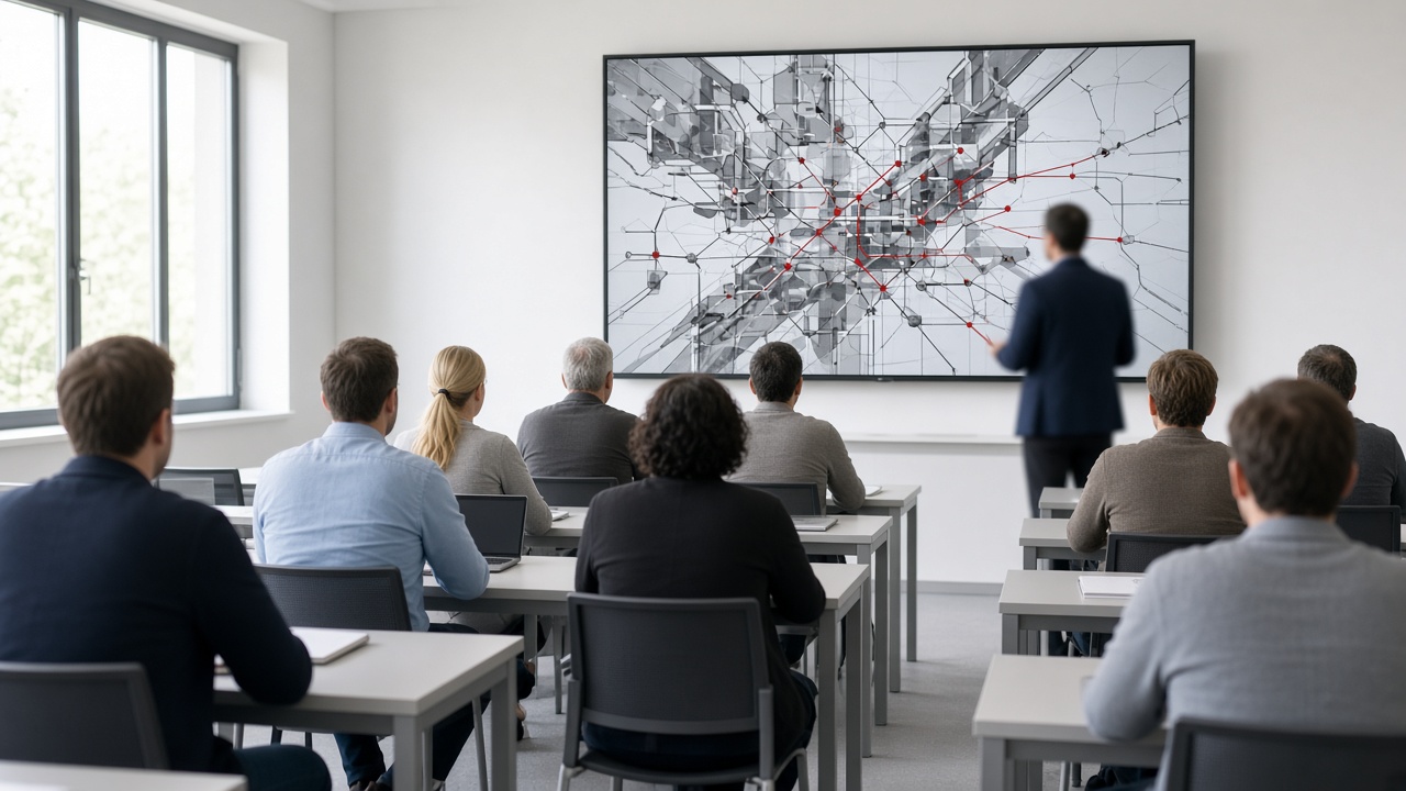 Classroom of plant staff watching an instructor at a network diagram