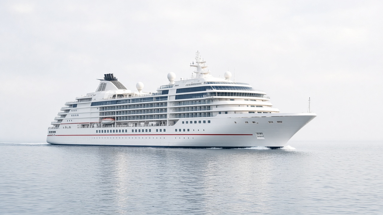 White cruise ship at sea on a bright day