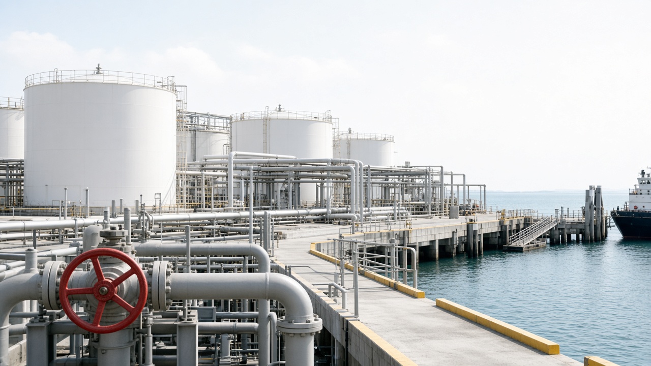 Marine terminal with storage tanks, a loading dock, and pipe manifold valves
