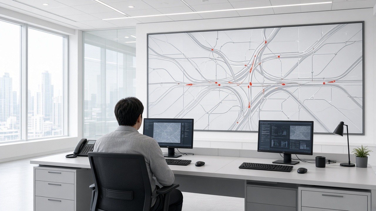 Operations control center with operators at consoles in front of a large wall display