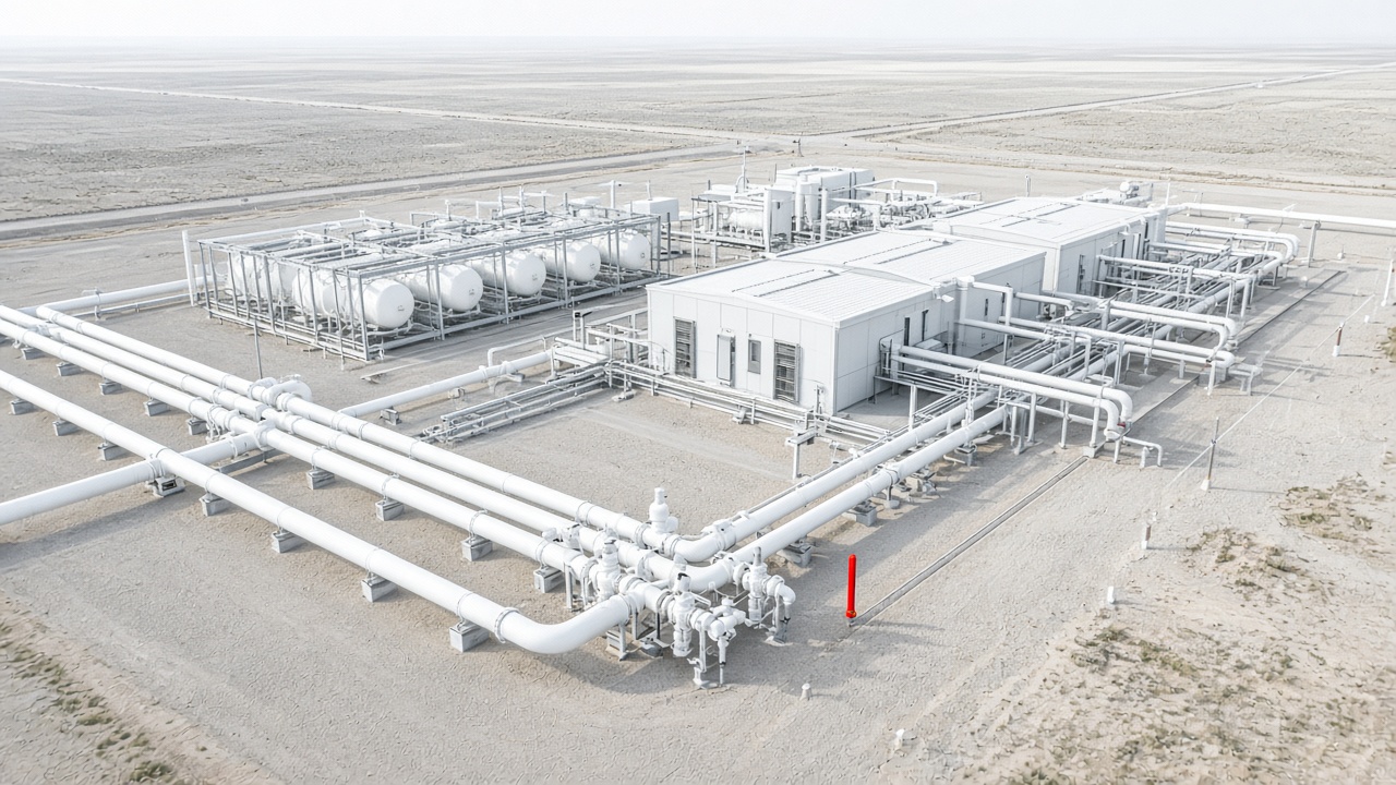 Aerial view of a process facility with pipe racks and a control building
